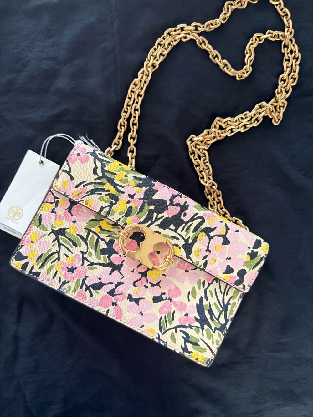 Tory Burch Pink Floral leather bag with Gold Chain